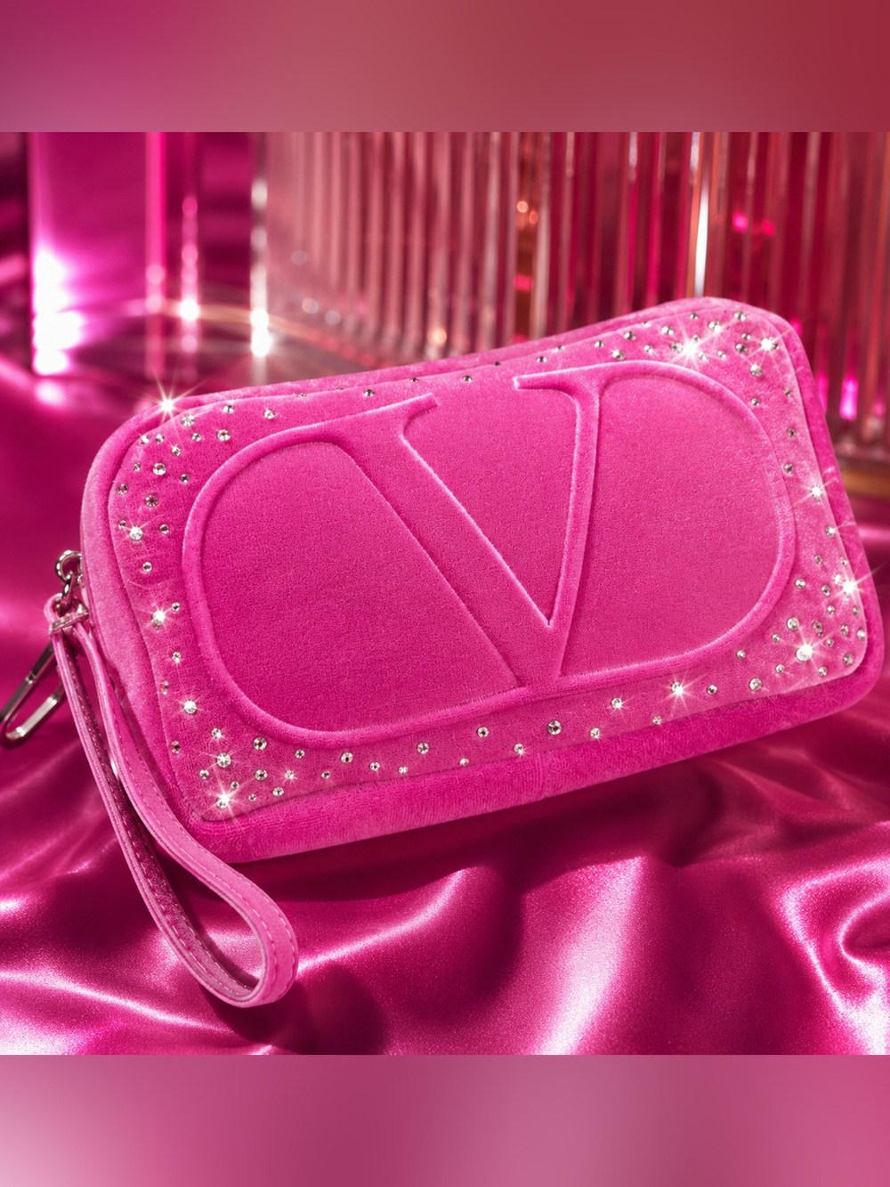 Valentino Pink Velvet Studded Wristlet Clutch
